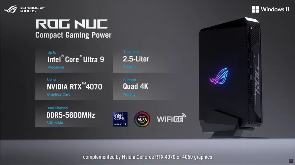 华硕推出首款 ROG NUC，英特尔酷睿Ultra 处理器 + RTX 4070 显卡