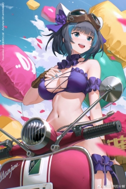 #碧蓝航线尝试画了柴郡猫猫泳装，踏板摩托和夏日的海滨的搭配... ​​​