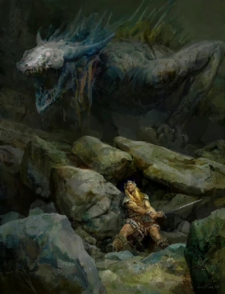 Sigurd battles Fafnir 画师Justin Sweet 齐格鲁德与法夫尼尔的战斗#奇幻# ​​​